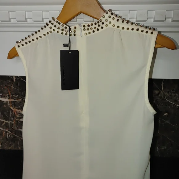 BLAQUE LABEL STUDDED MOCK NECK BLOUSE, CREAM S - Picture 7 of 8
